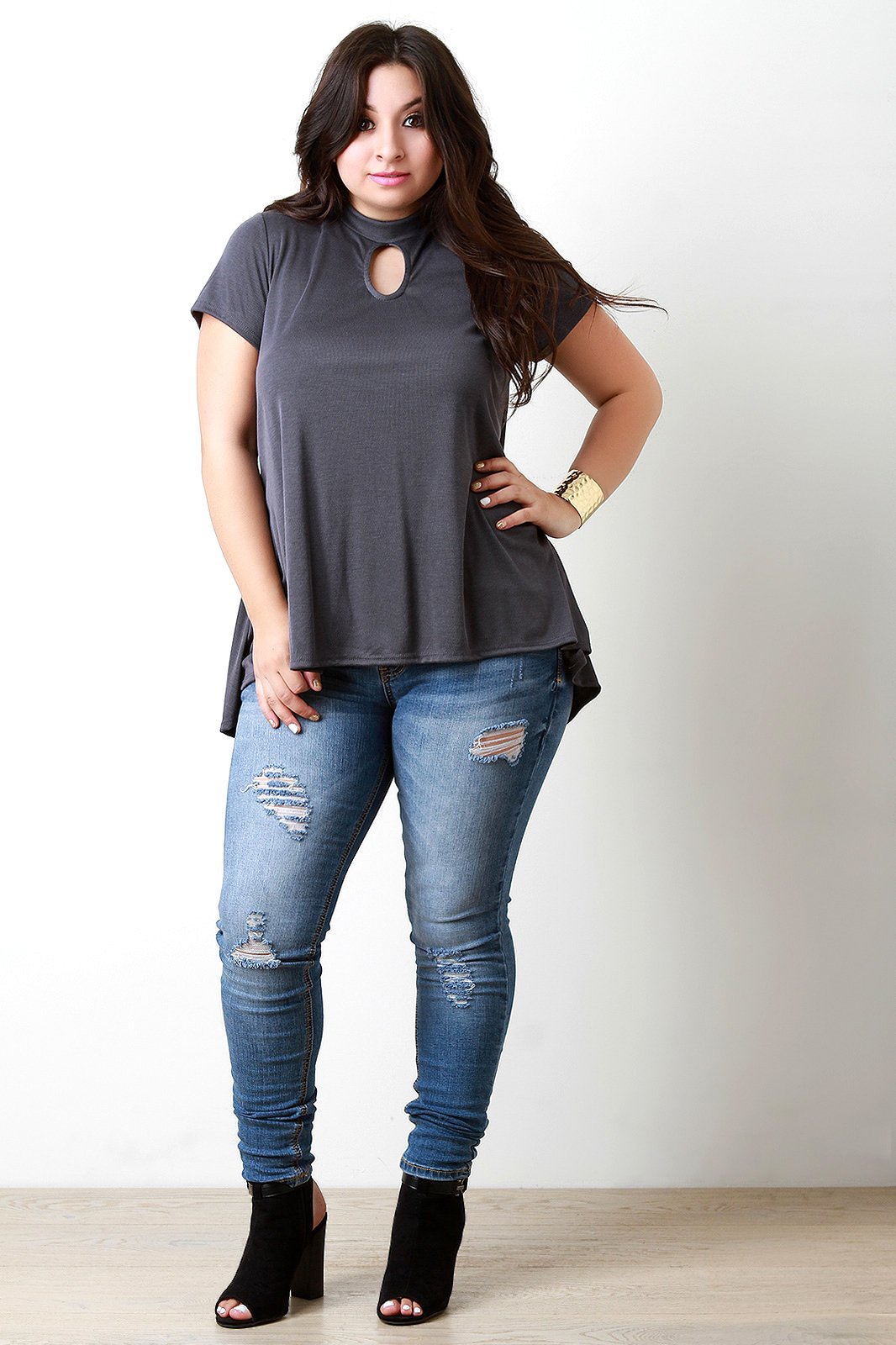 Mock Neck Keyhole Flowing Hem Tee - NoveltyOne