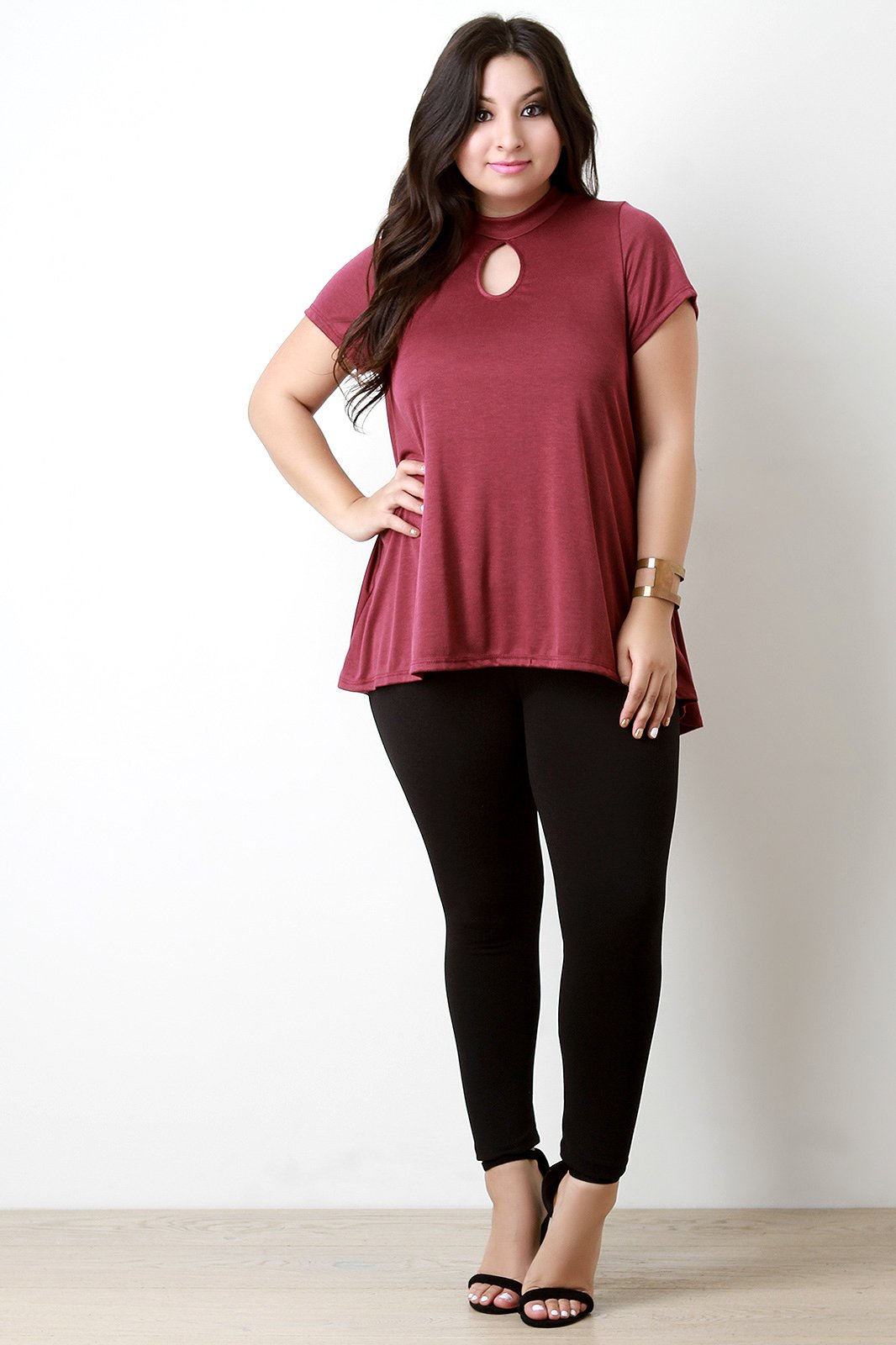 Mock Neck Keyhole Flowing Hem Tee - NoveltyOne