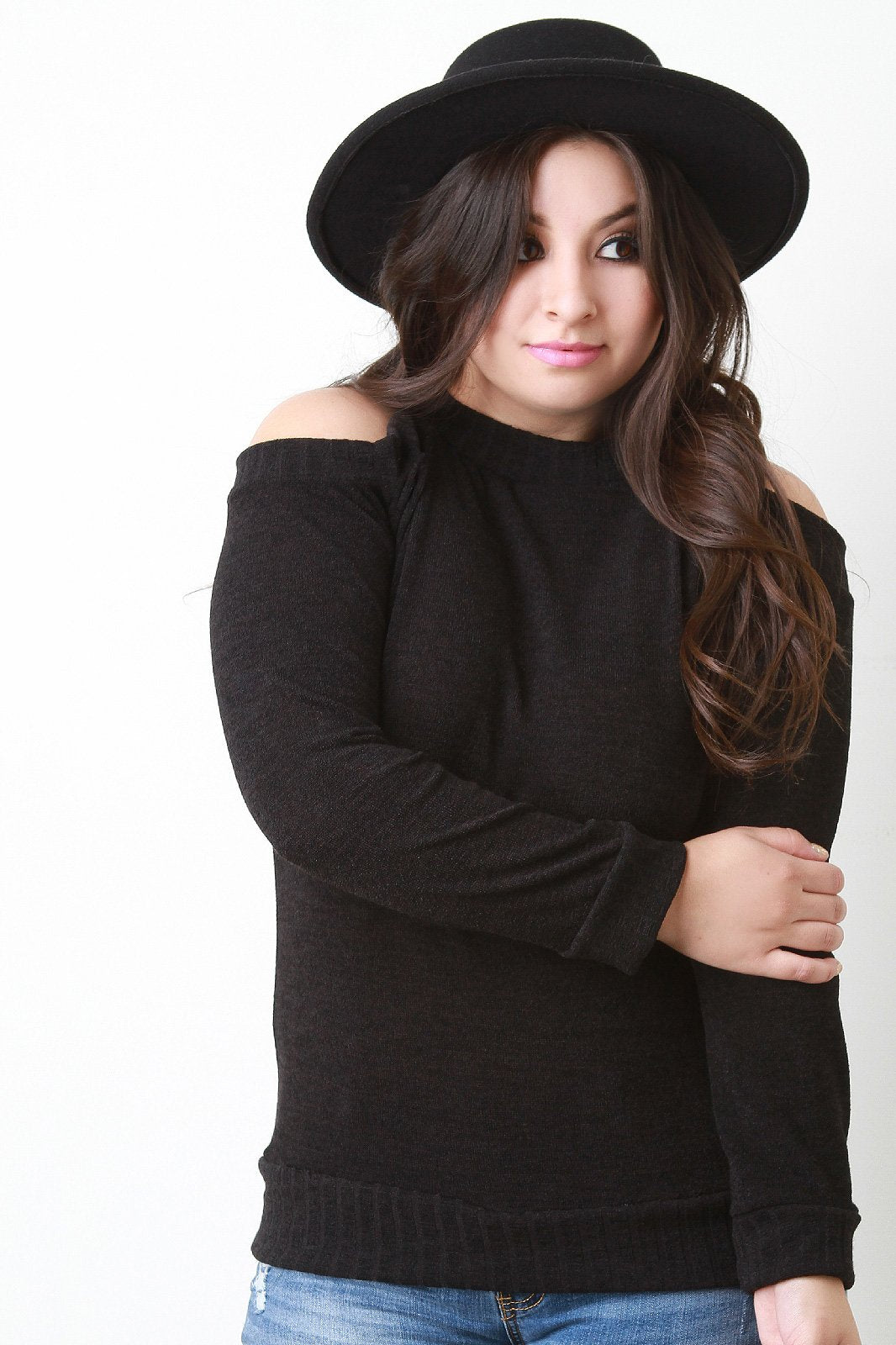 Cold Shoulder Rib Knit Trim Sweater