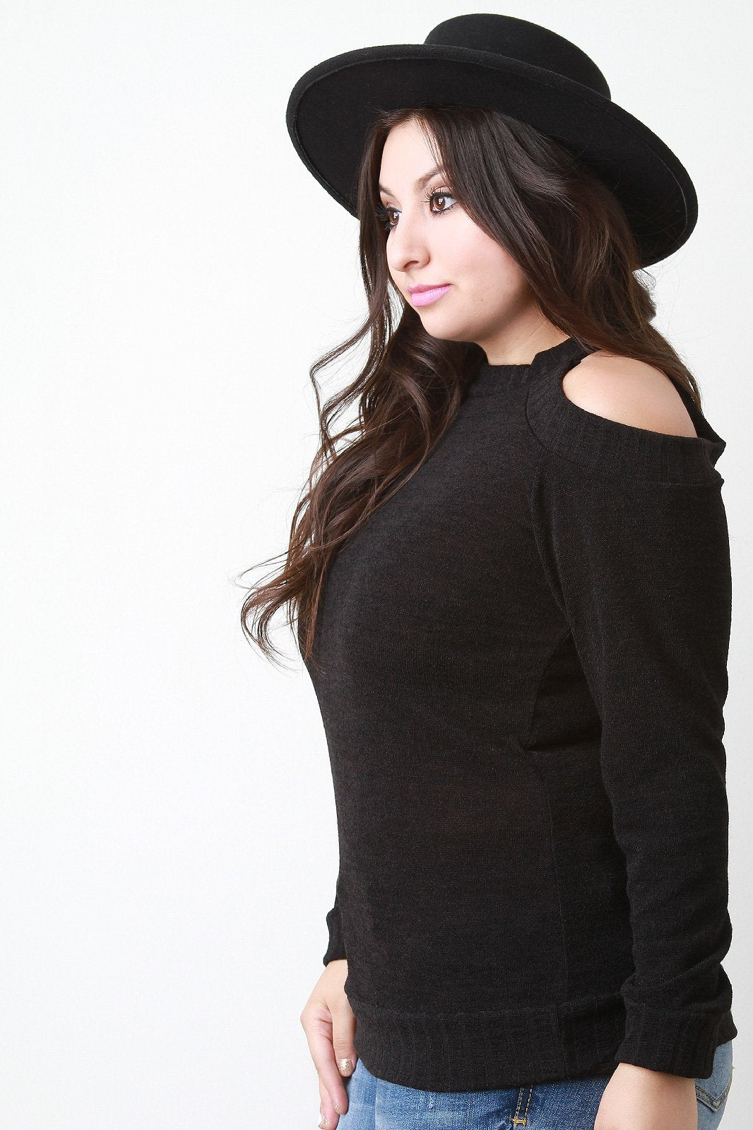 Cold Shoulder Rib Knit Trim Sweater