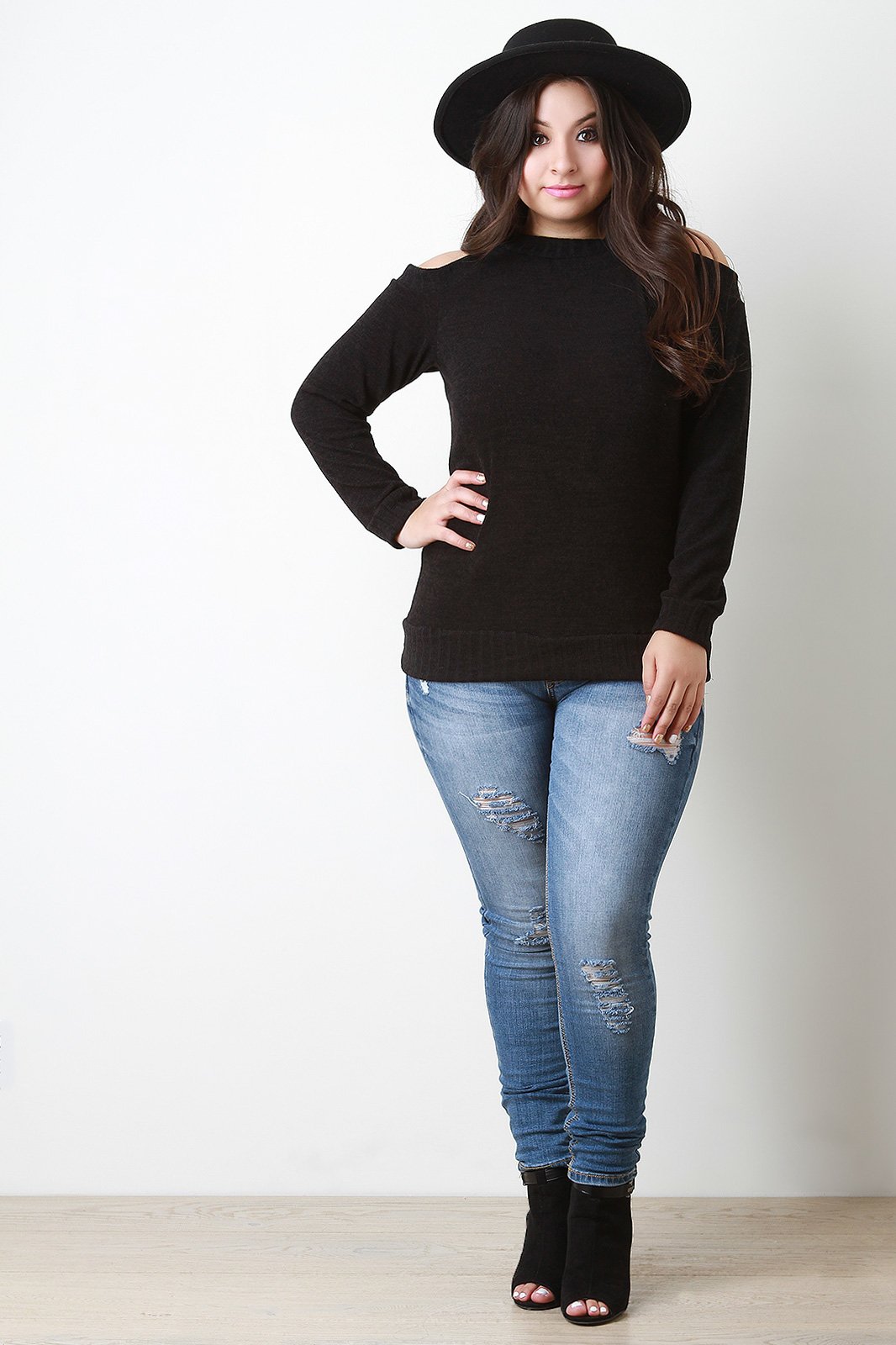 Cold Shoulder Rib Knit Trim Sweater