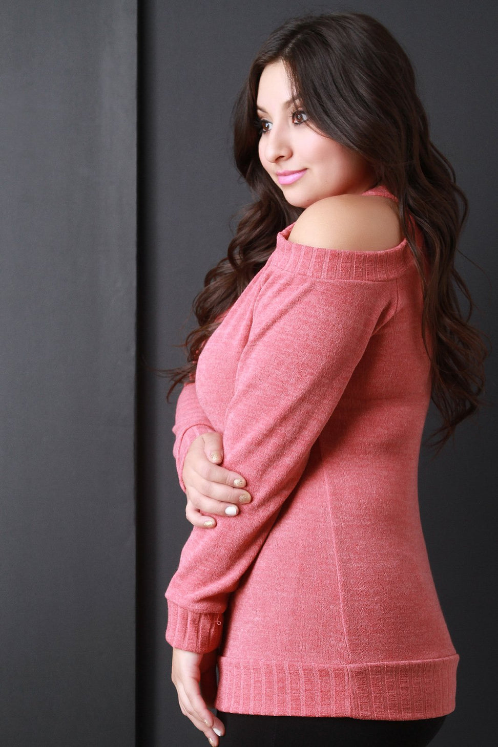 Cold Shoulder Rib Knit Trim Sweater