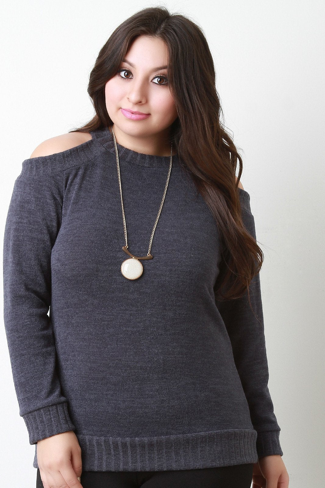 Cold Shoulder Rib Knit Trim Sweater