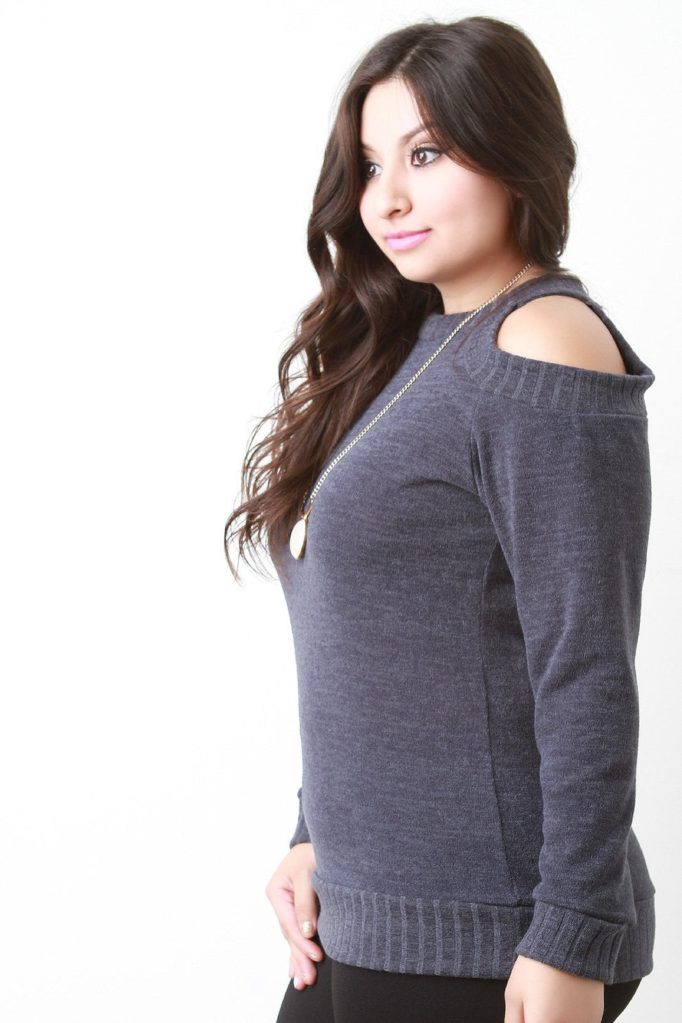 Cold Shoulder Rib Knit Trim Sweater