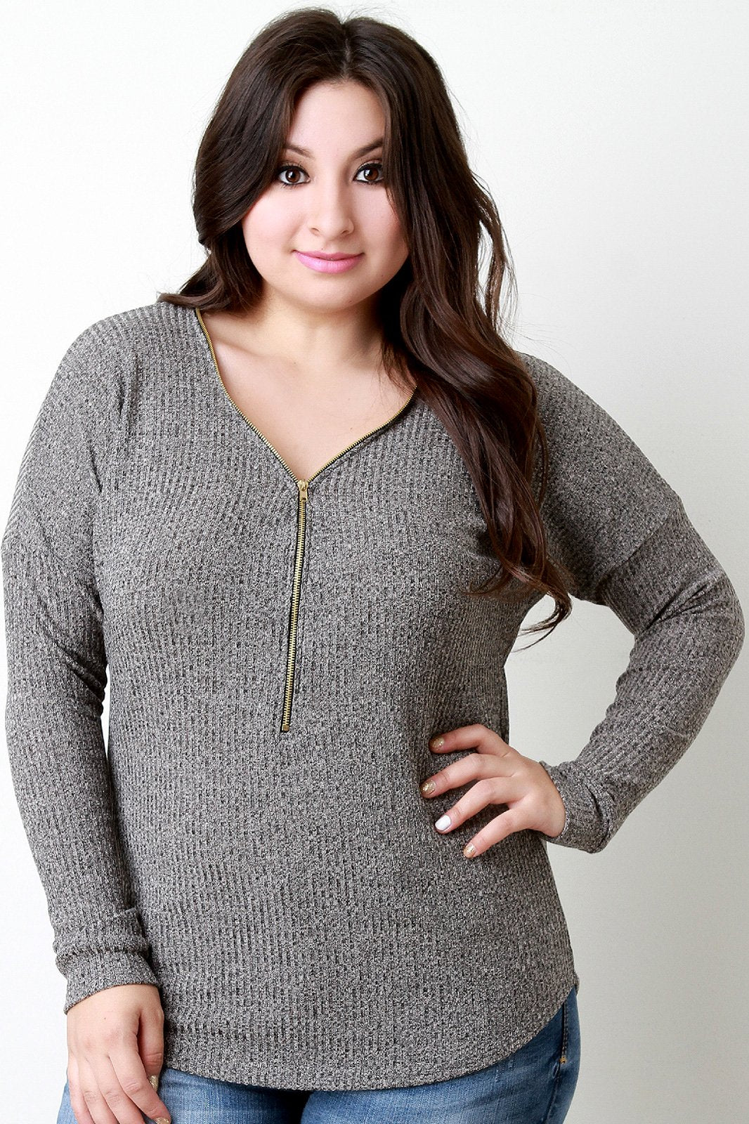 Rib Knit Adjustable Zipper Neckline Long Sleeve Top