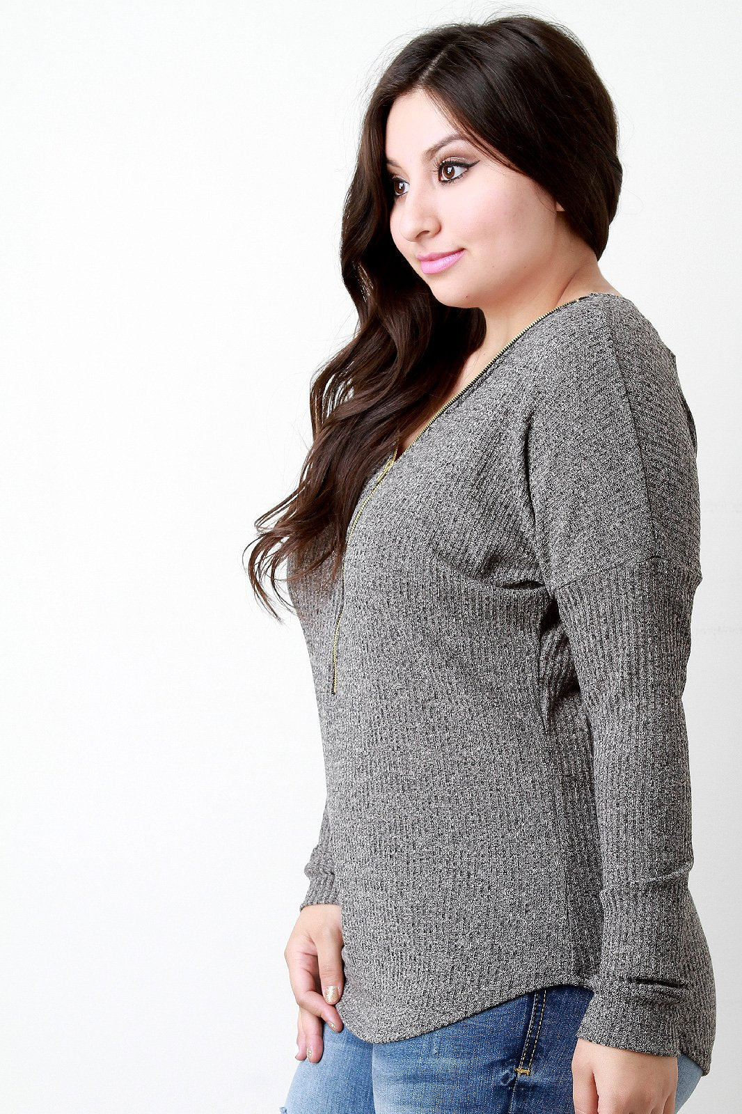 Rib Knit Adjustable Zipper Neckline Long Sleeve Top