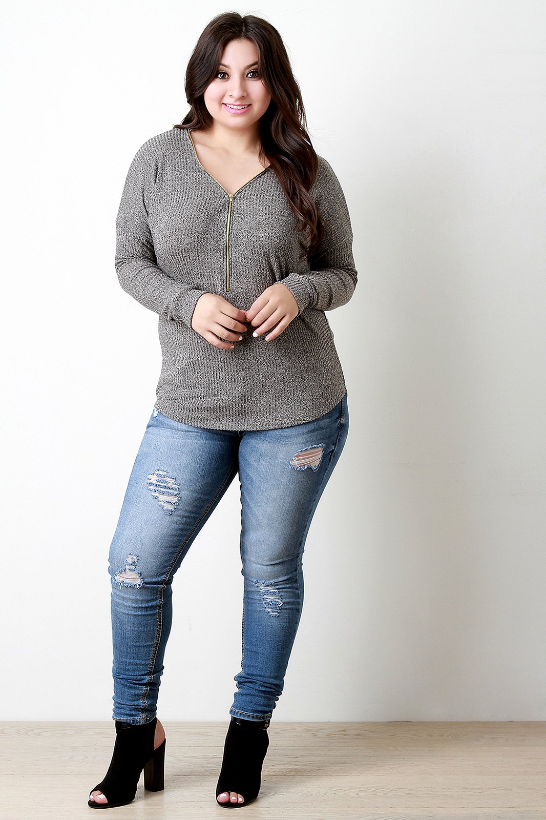 Rib Knit Adjustable Zipper Neckline Long Sleeve Top