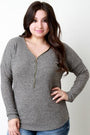 Rib Knit Adjustable Zipper Neckline Long Sleeve Top