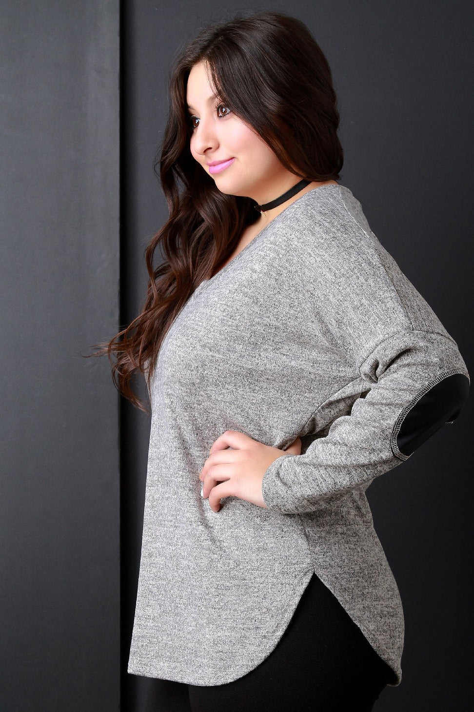 Marled Knit Elbow Patch Sweater Top