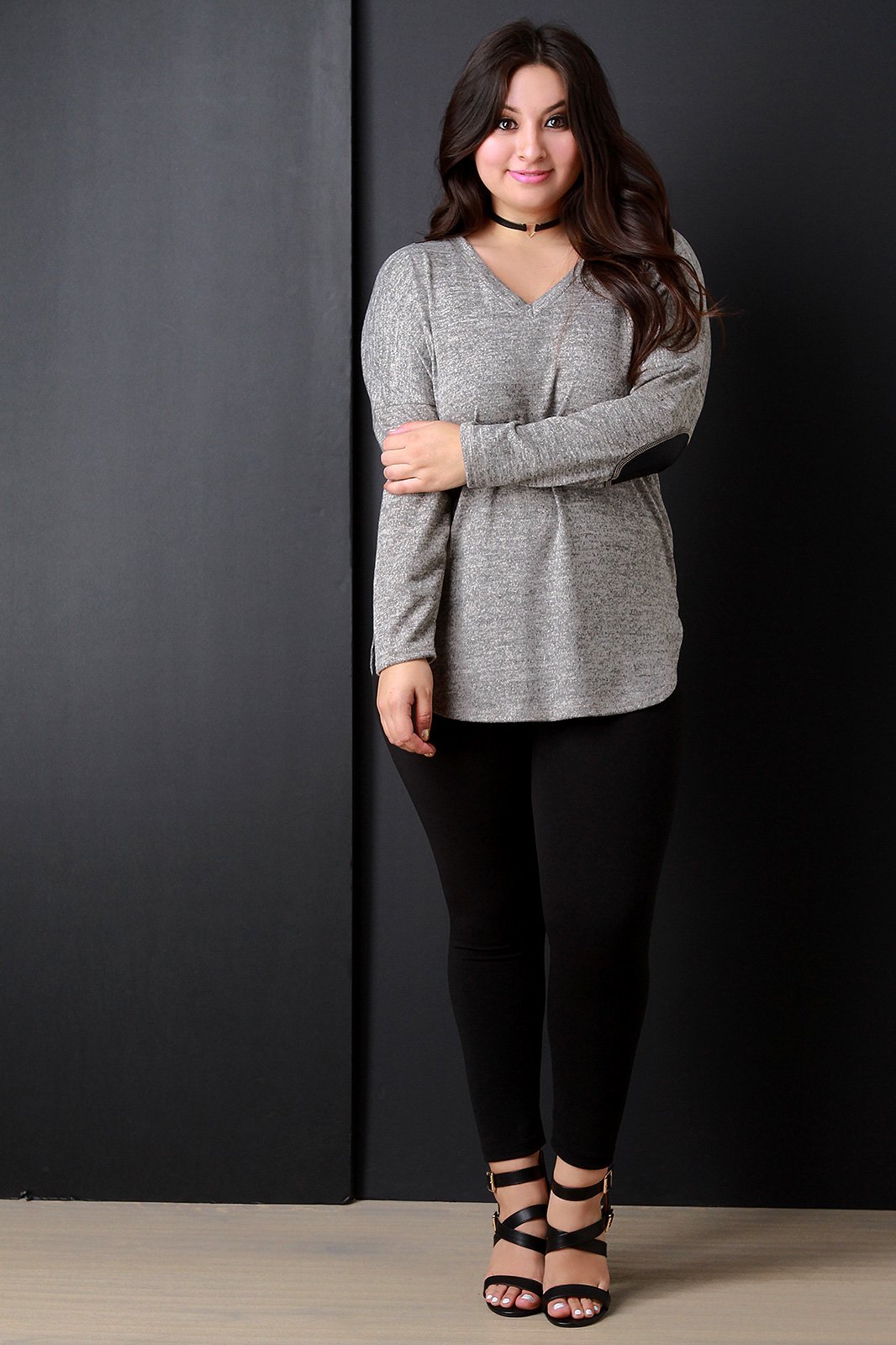 Marled Knit Elbow Patch Sweater Top