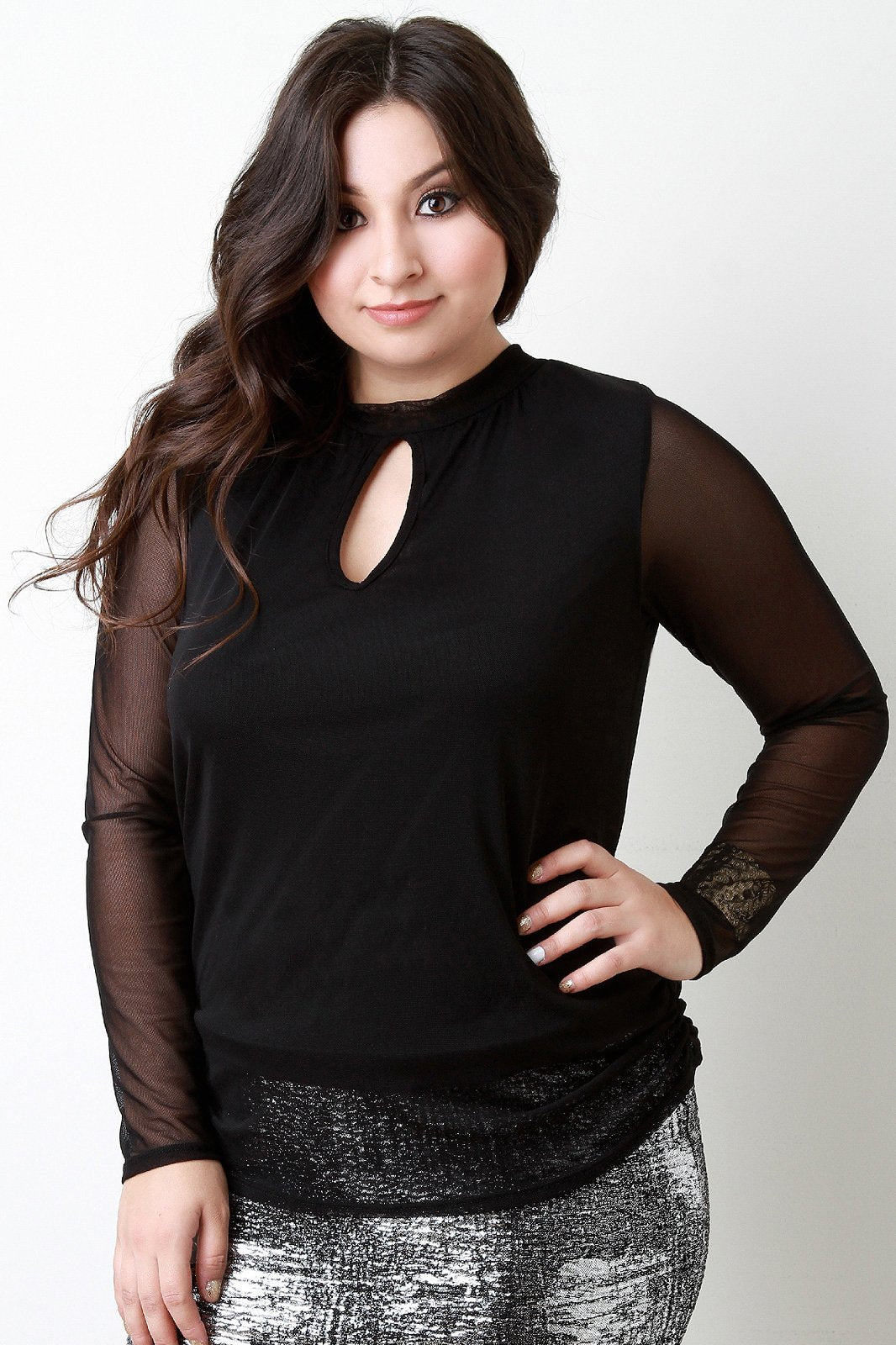 Mesh Long Sleeve Keyhole Top