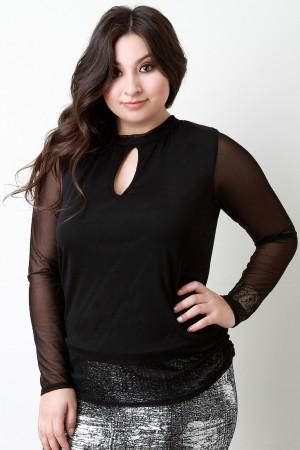 Mesh Long Sleeve Keyhole Top