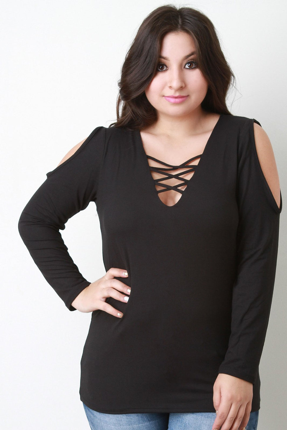 Lace Up V Neck Cold Shoulder Top