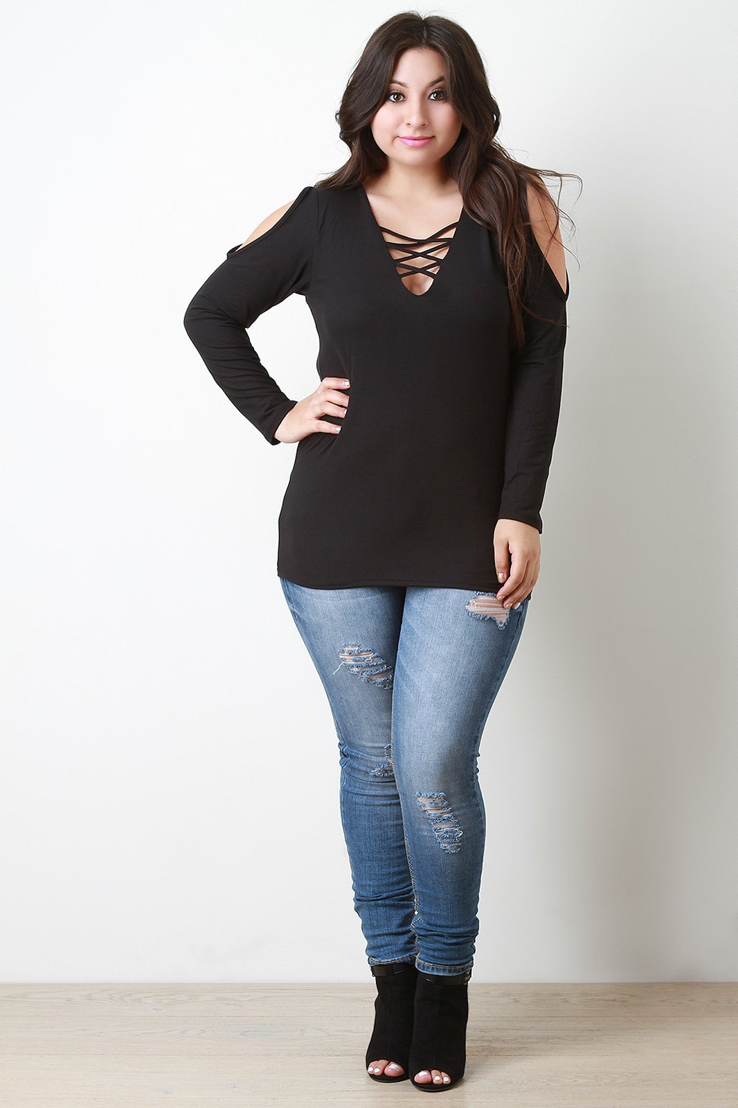 Lace Up V Neck Cold Shoulder Top