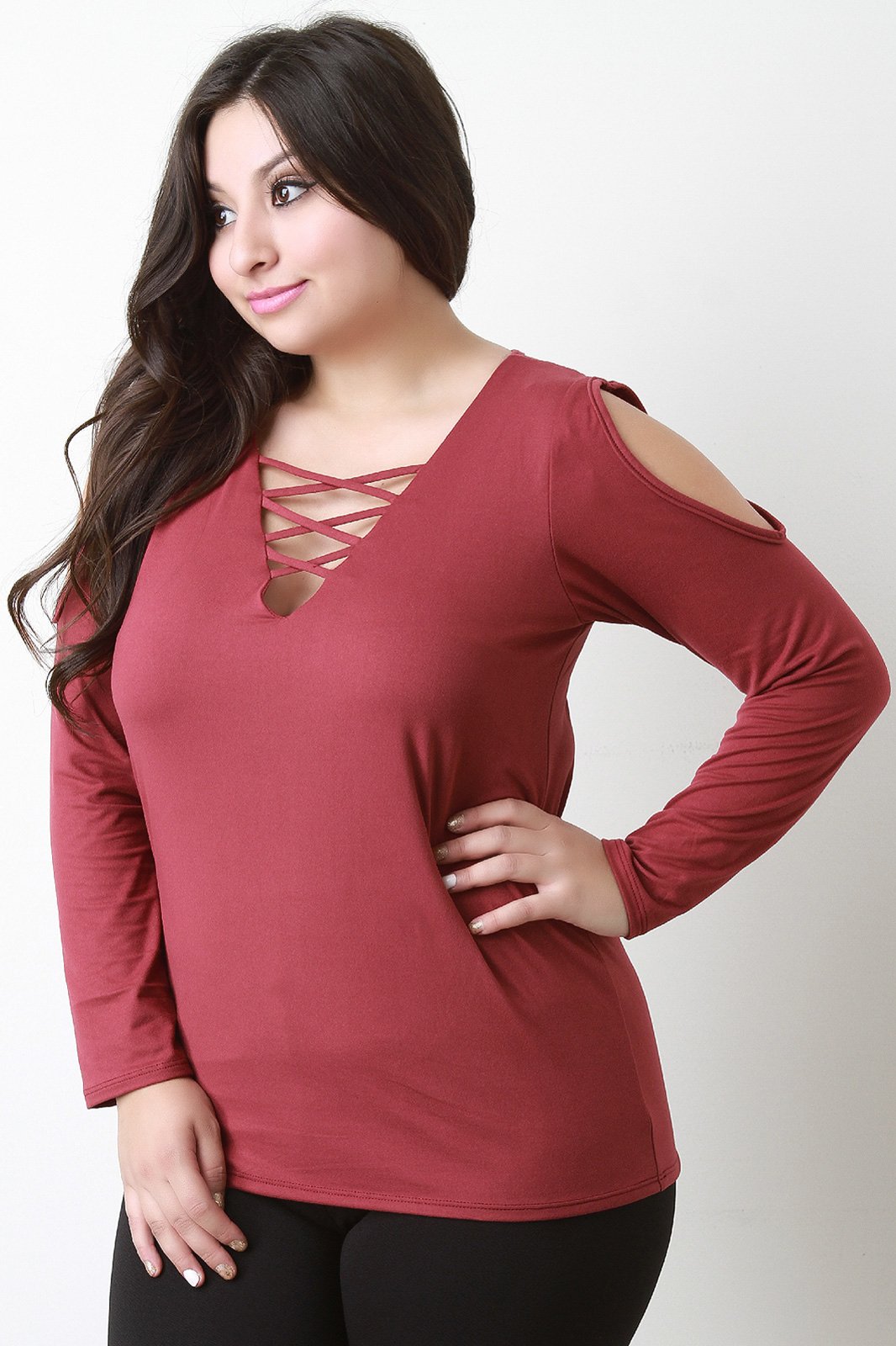 Lace Up V Neck Cold Shoulder Top