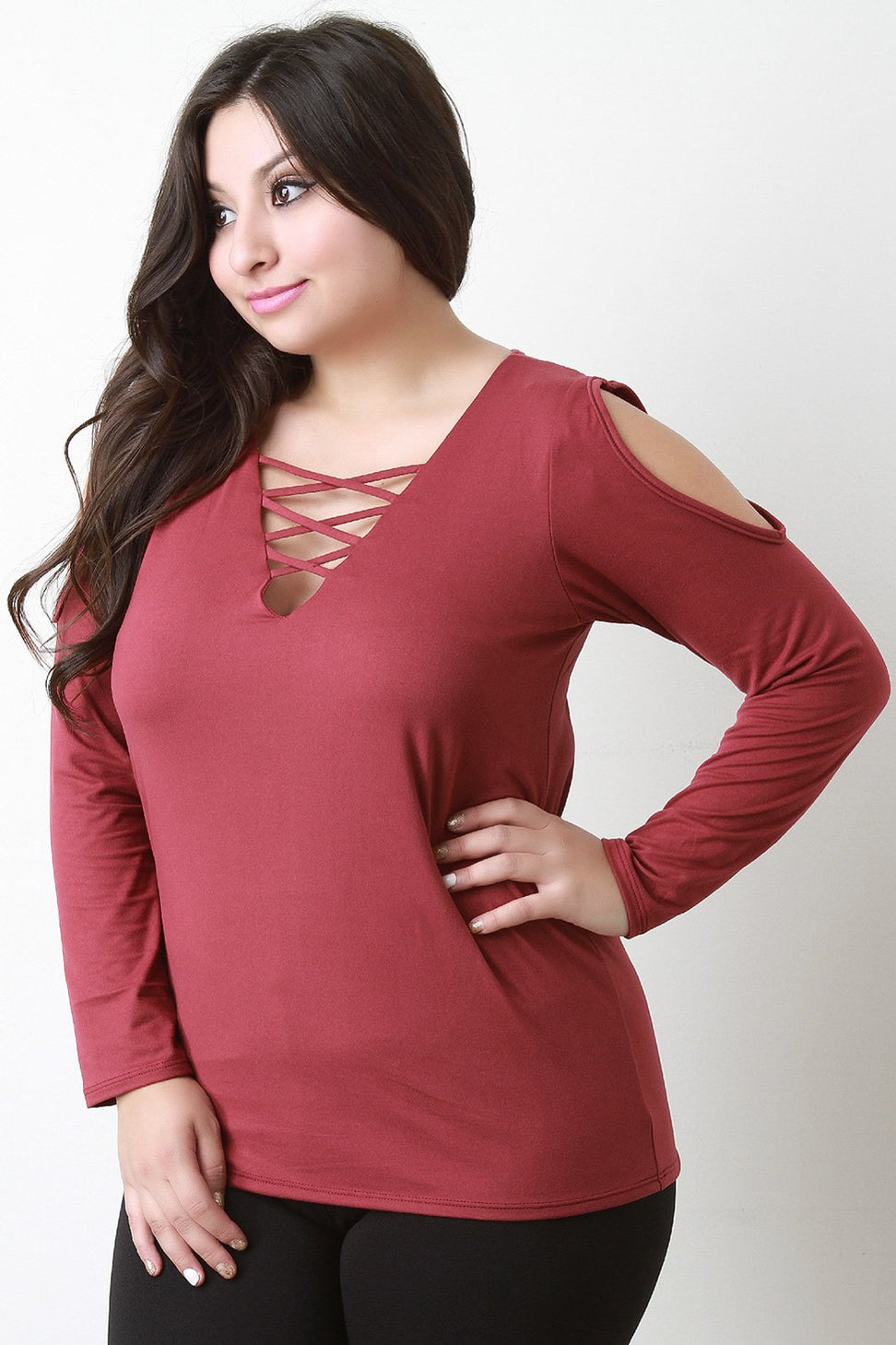 Lace Up V Neck Cold Shoulder Top