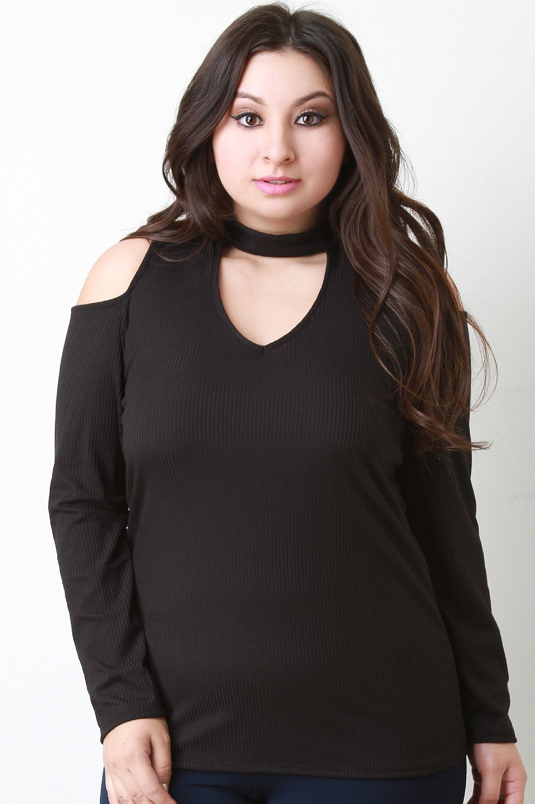 Long Sleeve Cold Shoulder Rib Knit Keyhole Top - NoveltyOne