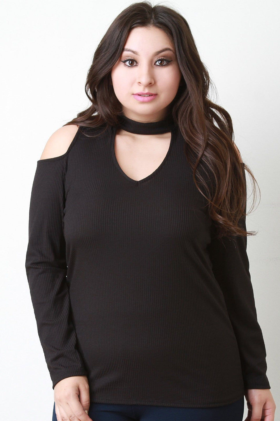 Long Sleeve Cold Shoulder Rib Knit Keyhole Top - NoveltyOne