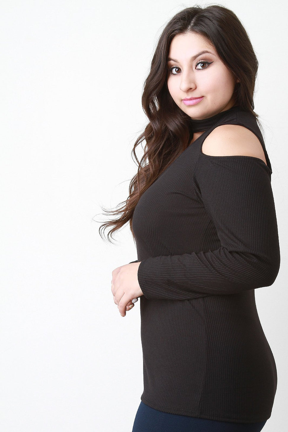 Long Sleeve Cold Shoulder Rib Knit Keyhole Top - NoveltyOne