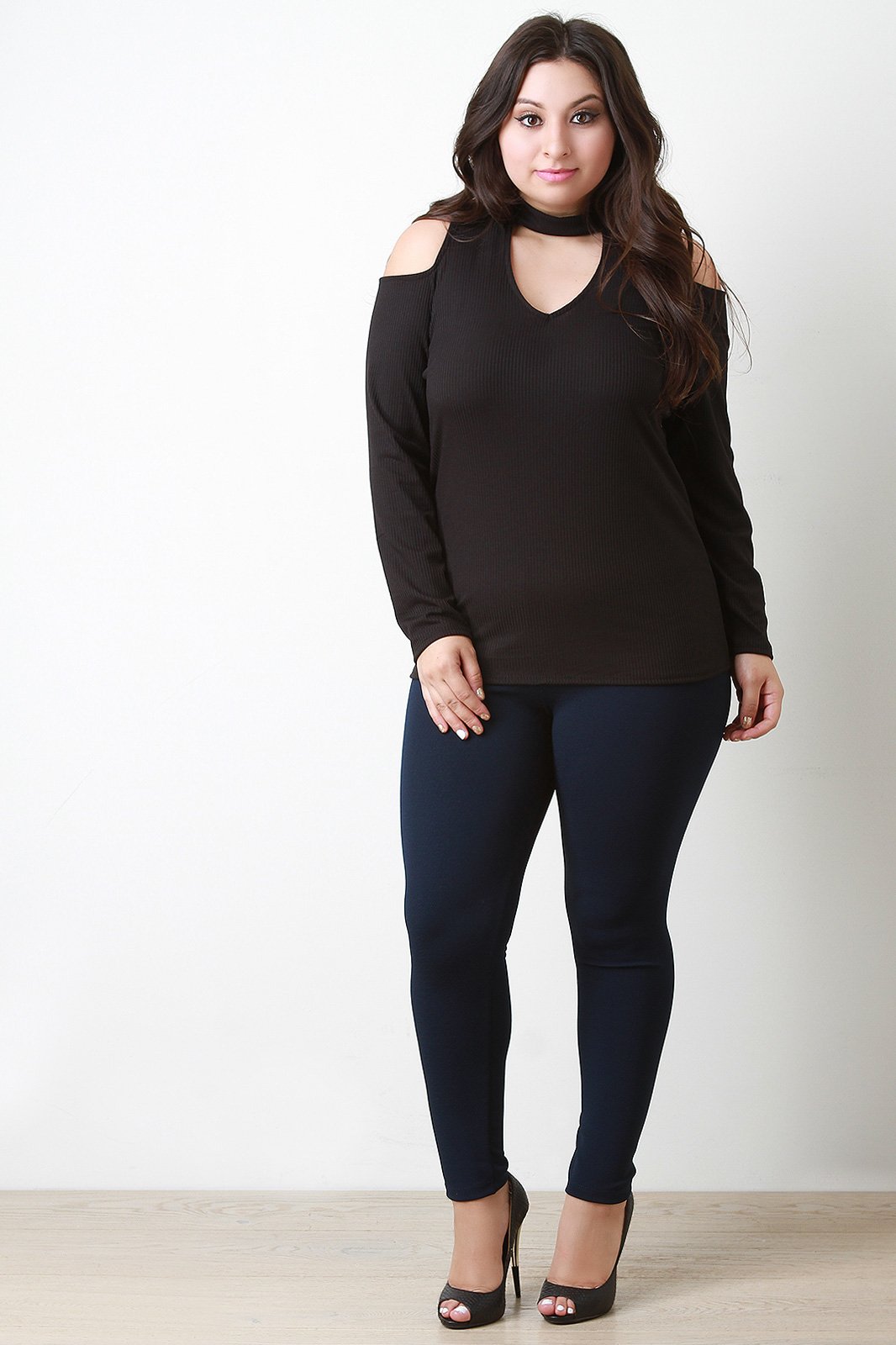 Long Sleeve Cold Shoulder Rib Knit Keyhole Top - NoveltyOne