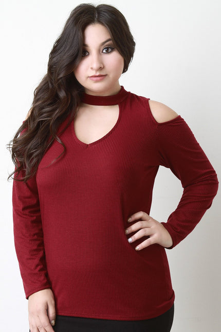 Long Sleeve Cold Shoulder Rib Knit Keyhole Top - NoveltyOne