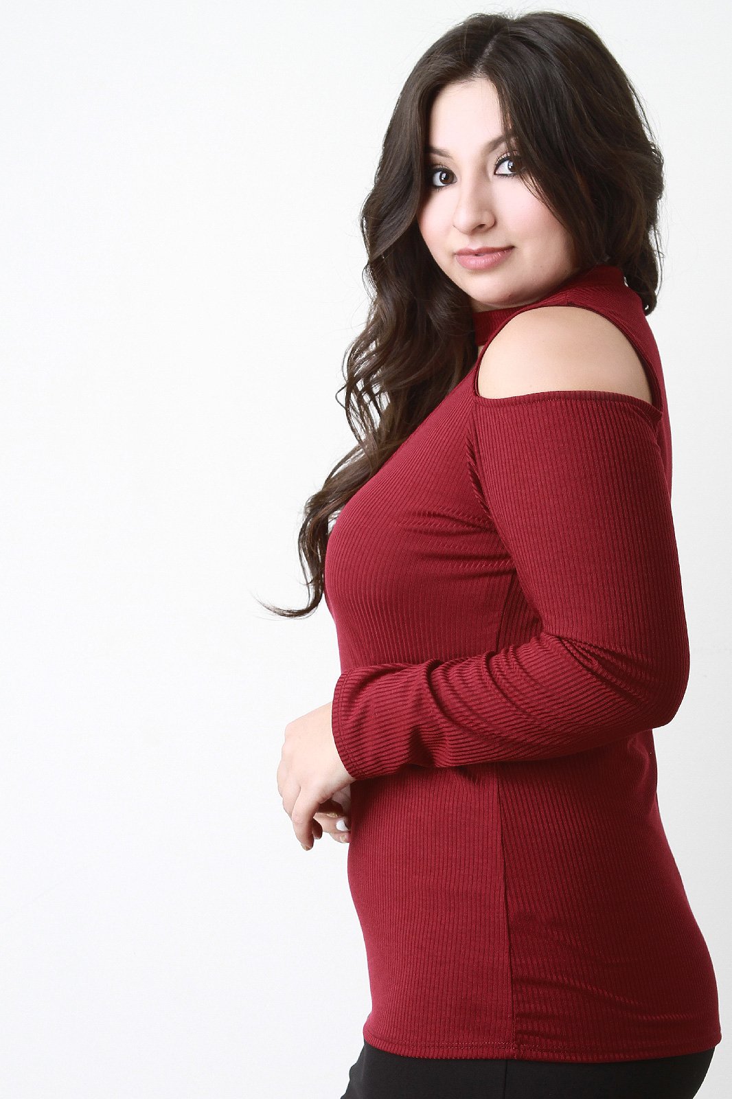 Long Sleeve Cold Shoulder Rib Knit Keyhole Top - NoveltyOne