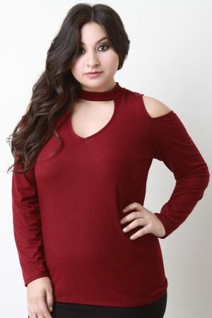 Long Sleeve Cold Shoulder Rib Knit Keyhole Top - NoveltyOne
