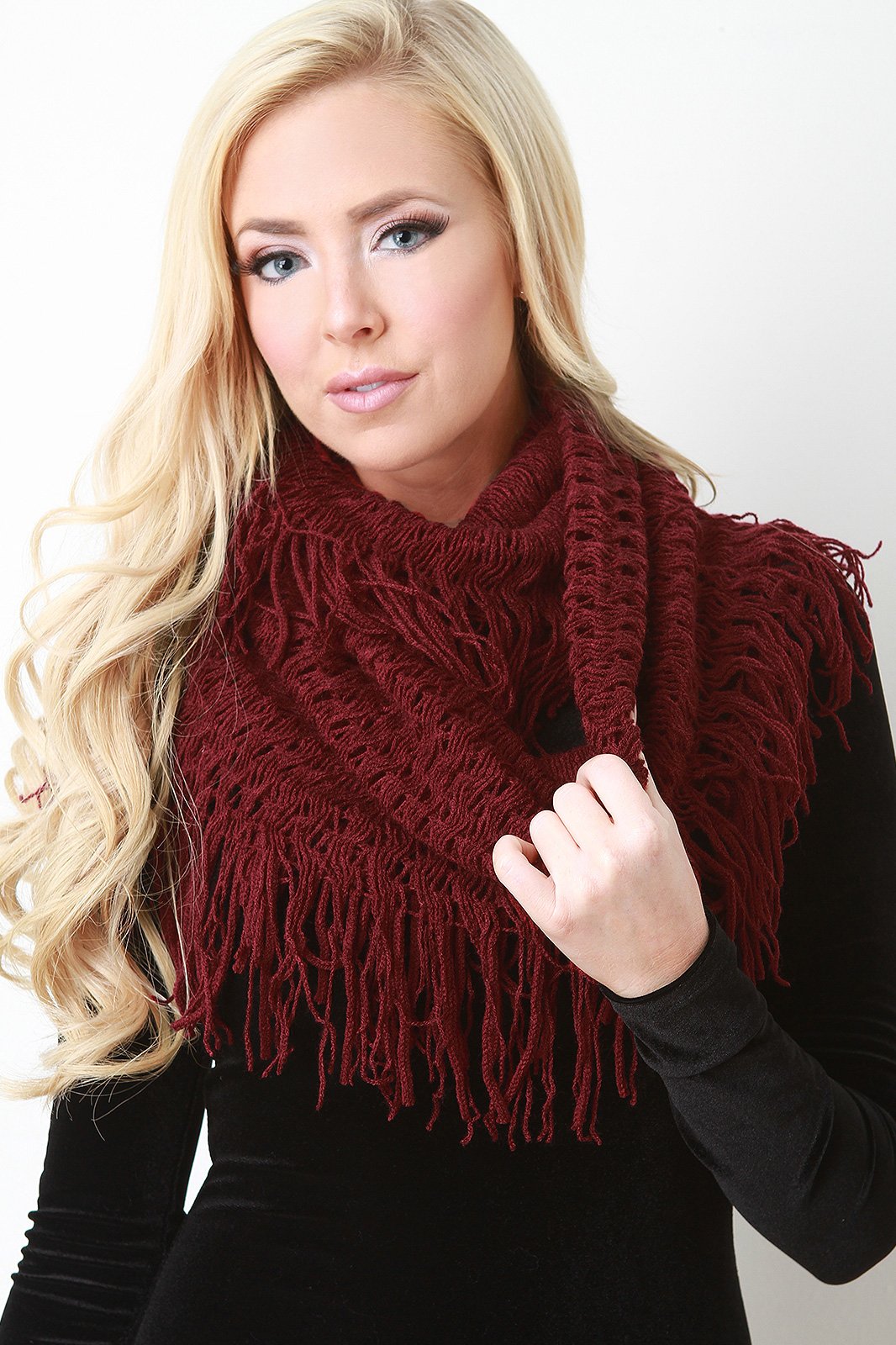Loose Knit Fringe Hem Infinity Scarf - NoveltyOne