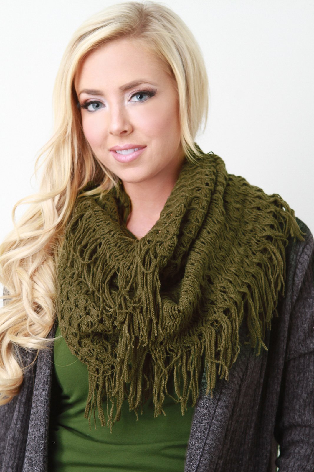 Loose Knit Fringe Hem Infinity Scarf - NoveltyOne