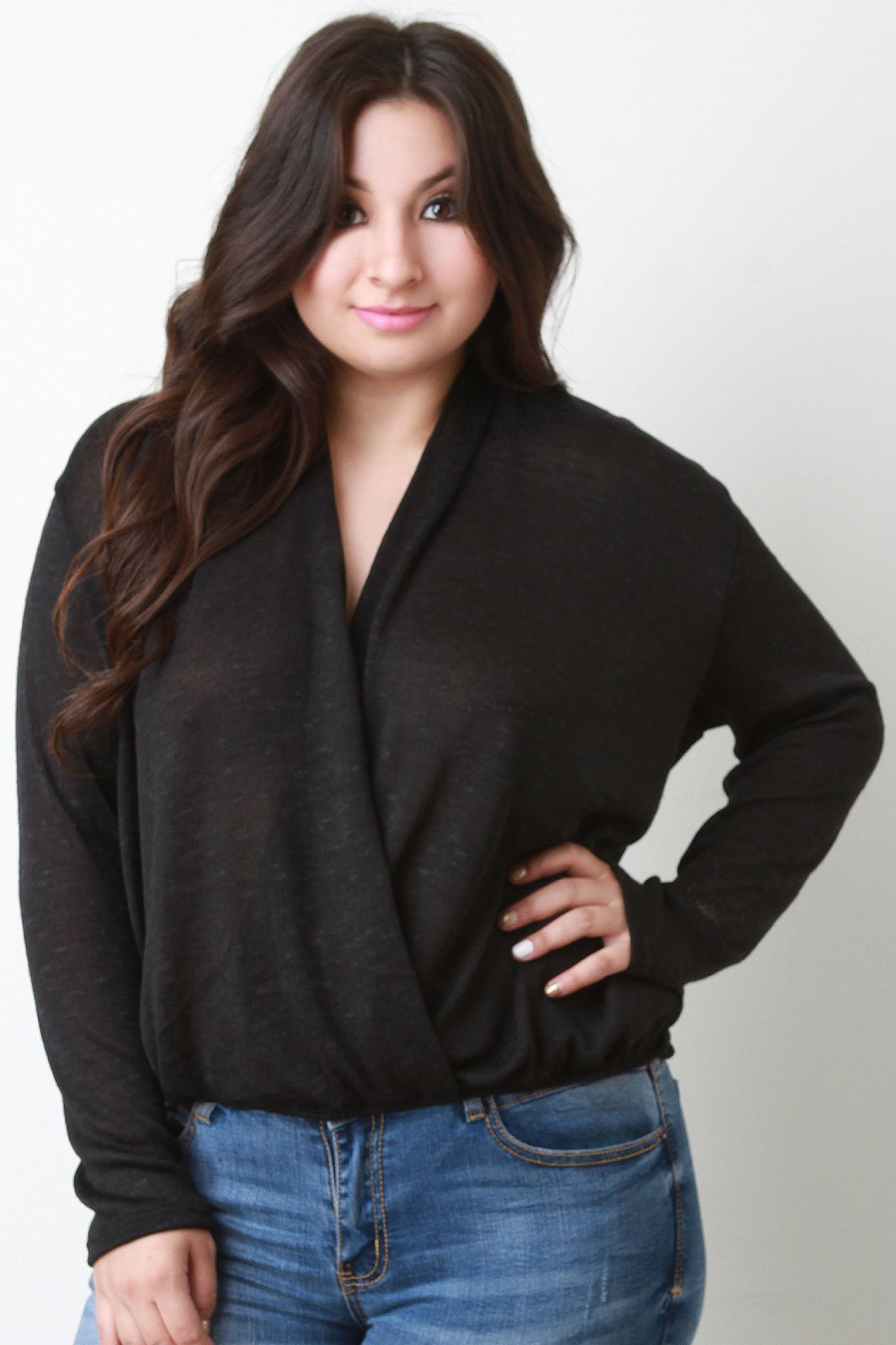 Melange Knit Surplice Drop Shoulder Top