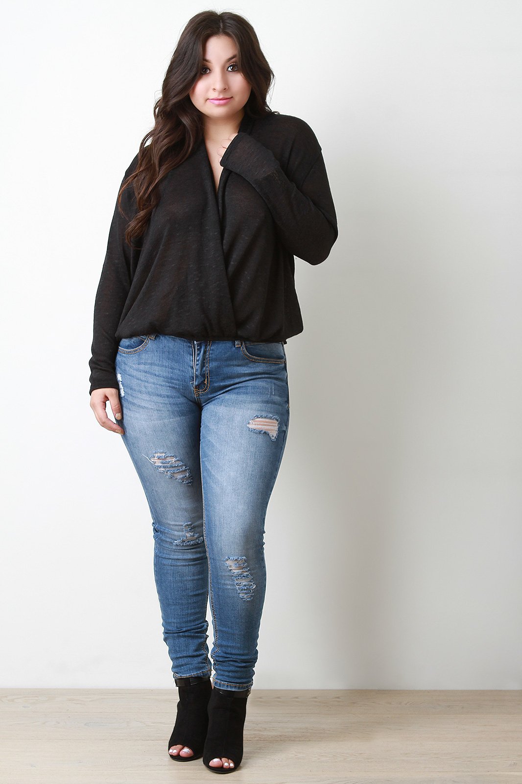 Melange Knit Surplice Drop Shoulder Top