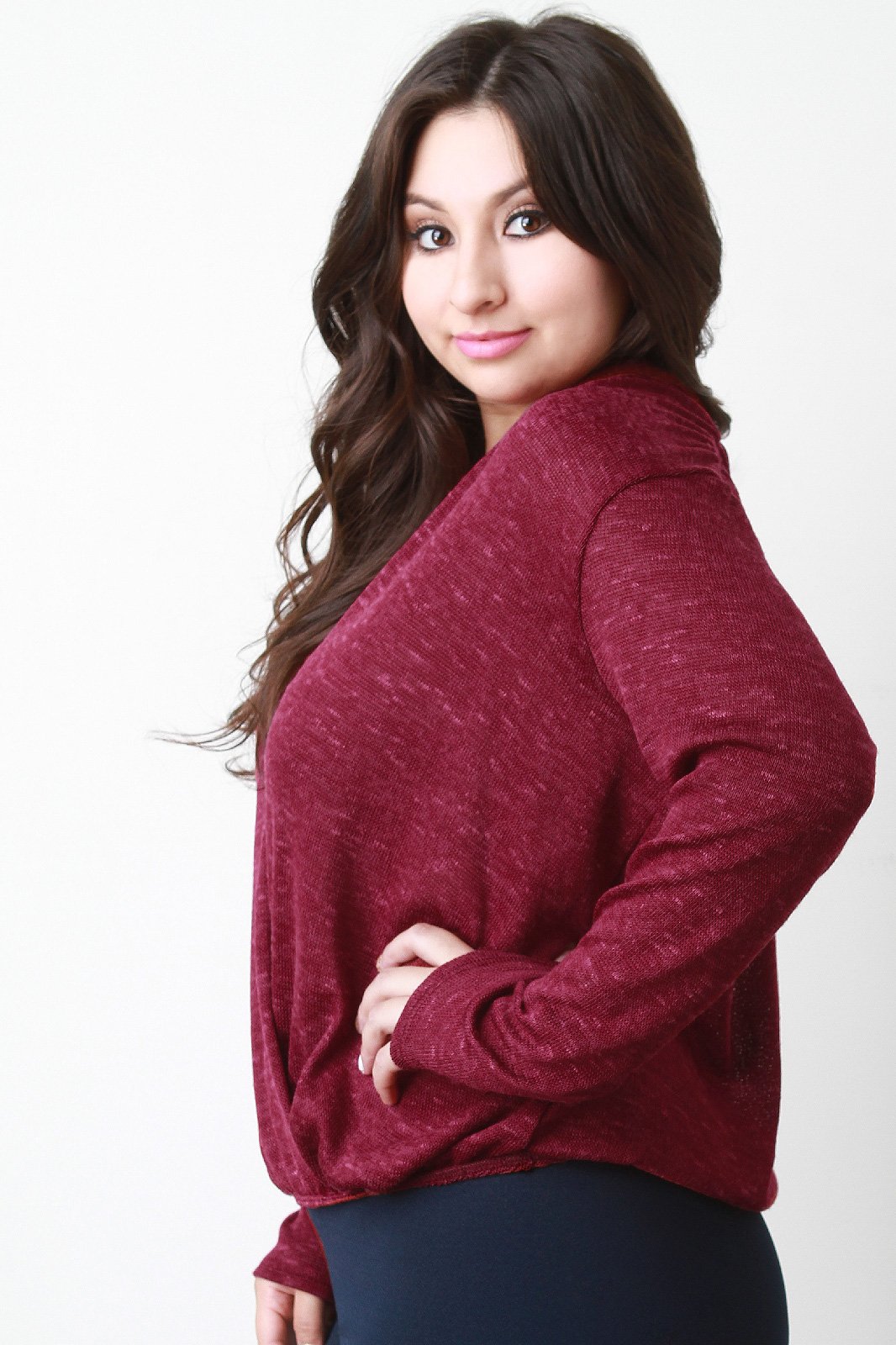 Melange Knit Surplice Drop Shoulder Top