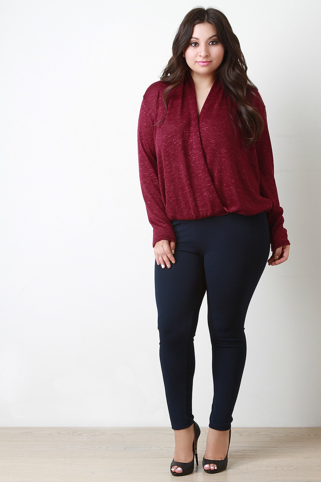 Melange Knit Surplice Drop Shoulder Top