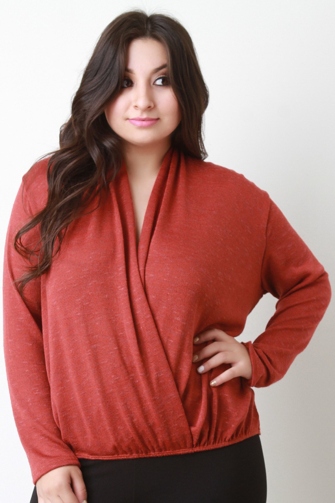 Melange Knit Surplice Drop Shoulder Top