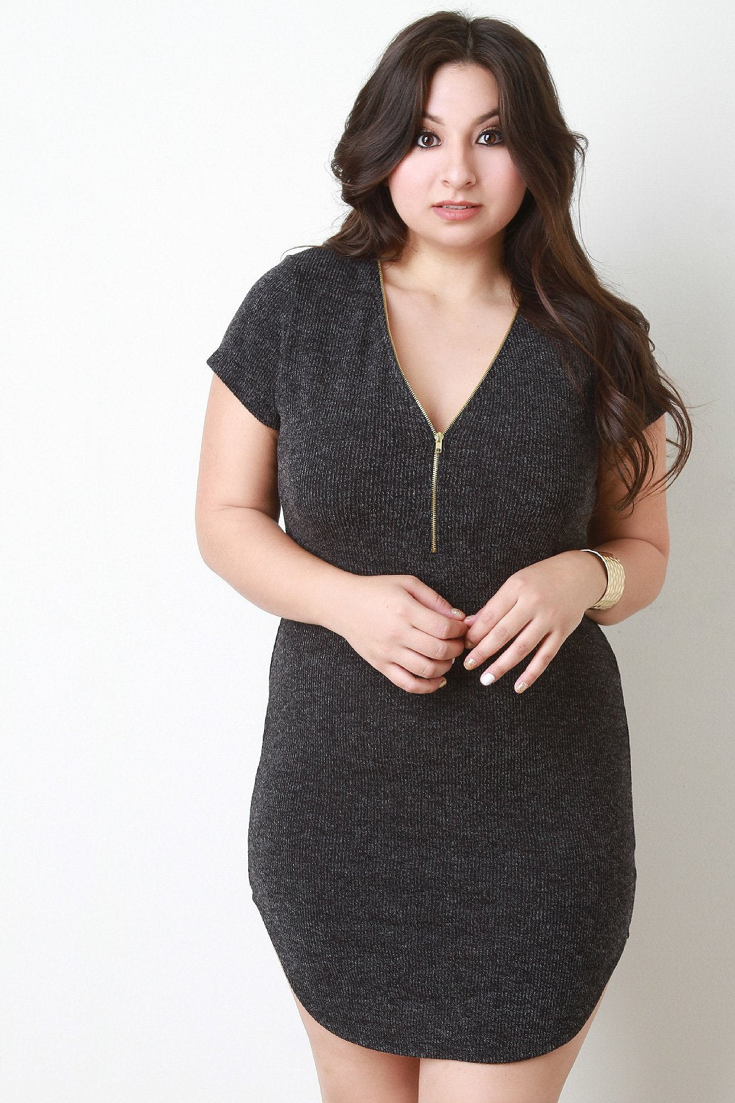 Melange Knit Zip Up Mini Dress