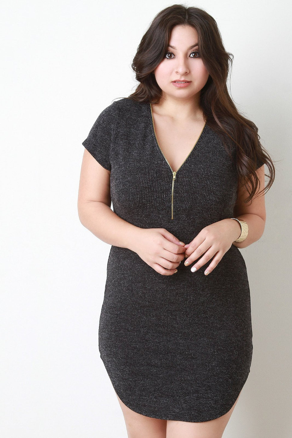 Melange Knit Zip Up Mini Dress