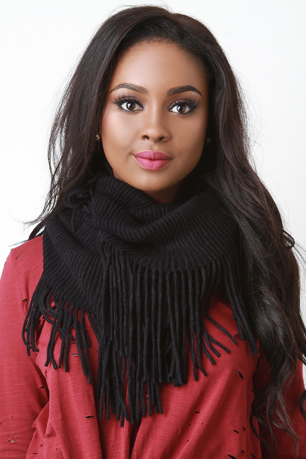 Fringe Hem Rib Knit Circle Scarf - NoveltyOne