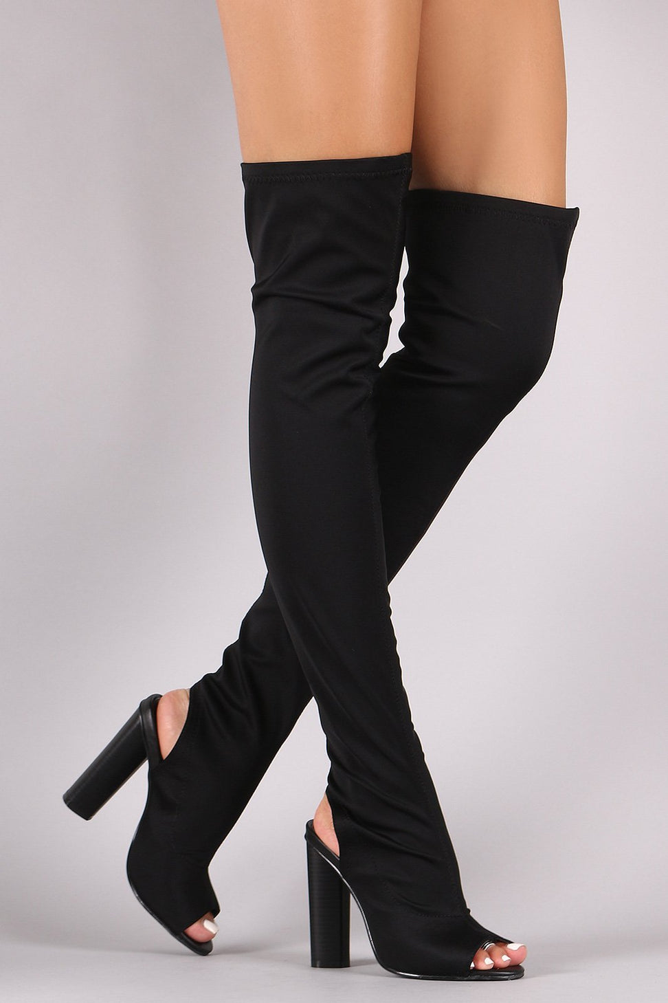 Fitted Elastane Peep Toe Over-The-Knee Chunky Heel Boots - NoveltyOne