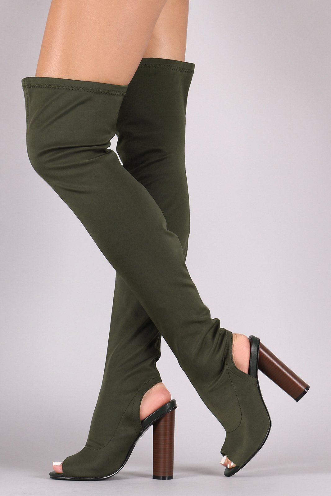 Fitted Elastane Peep Toe Over-The-Knee Chunky Heel Boots - NoveltyOne