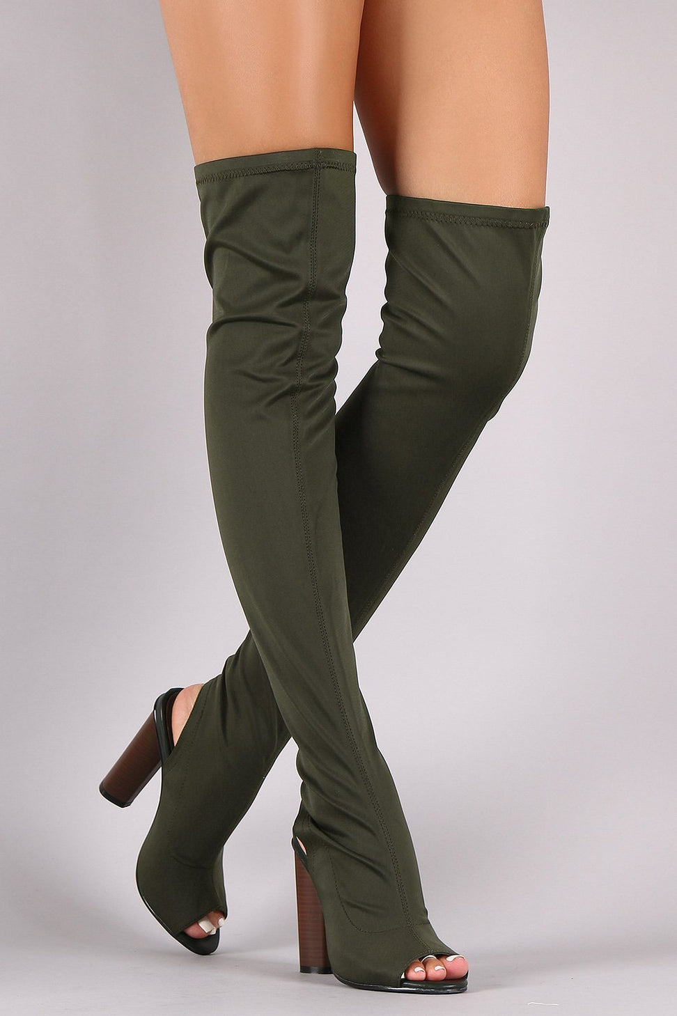 Fitted Elastane Peep Toe Over-The-Knee Chunky Heel Boots - NoveltyOne