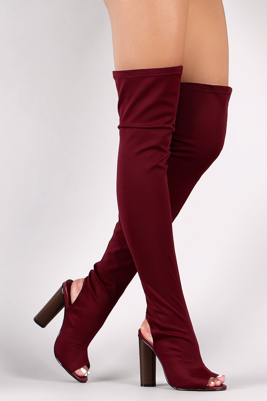 Fitted Elastane Peep Toe Over-The-Knee Chunky Heel Boots - NoveltyOne