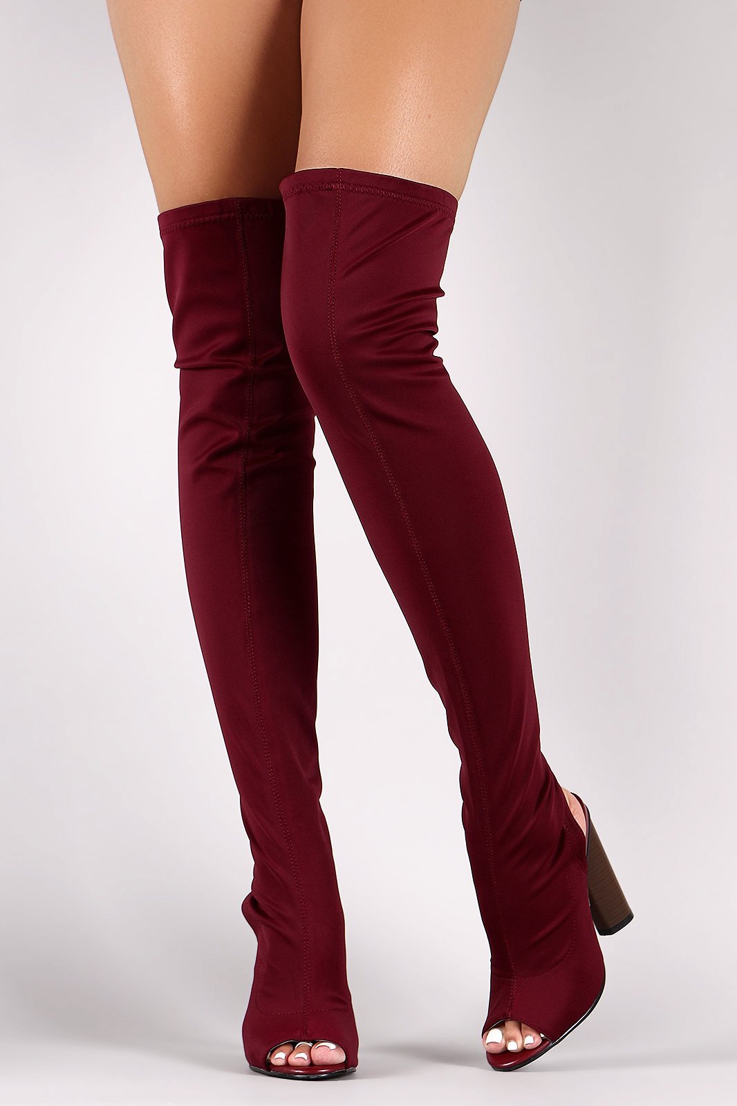 Fitted Elastane Peep Toe Over-The-Knee Chunky Heel Boots - NoveltyOne