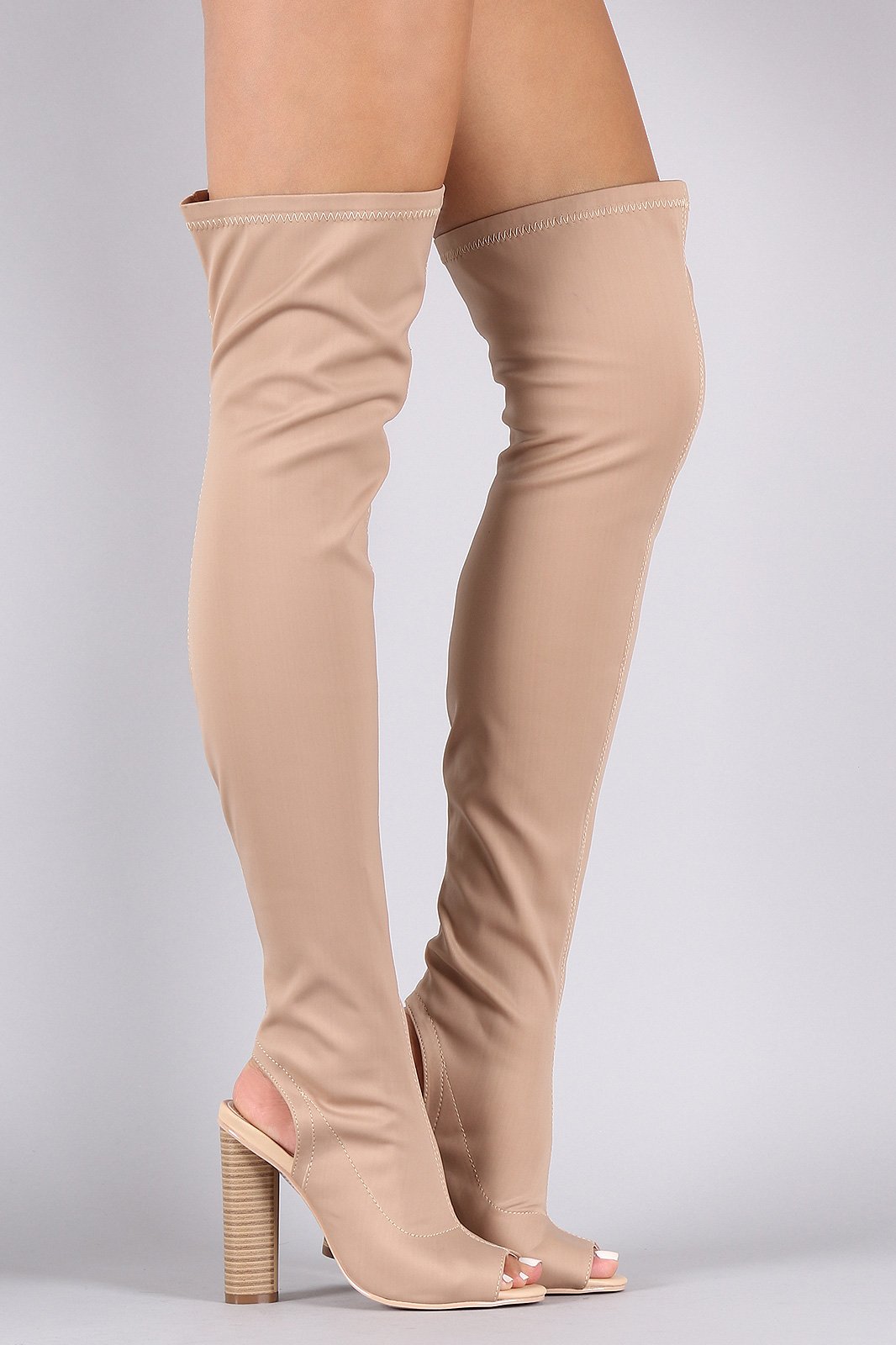 Fitted Elastane Peep Toe Over-The-Knee Chunky Heel Boots - NoveltyOne