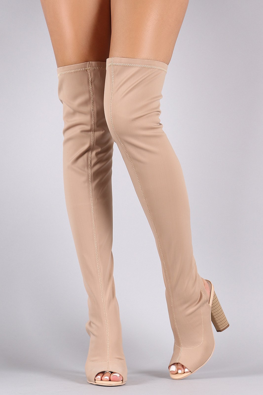 Fitted Elastane Peep Toe Over-The-Knee Chunky Heel Boots - NoveltyOne