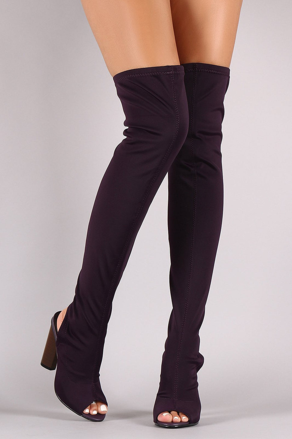 Fitted Elastane Peep Toe Over-The-Knee Chunky Heel Boots - NoveltyOne