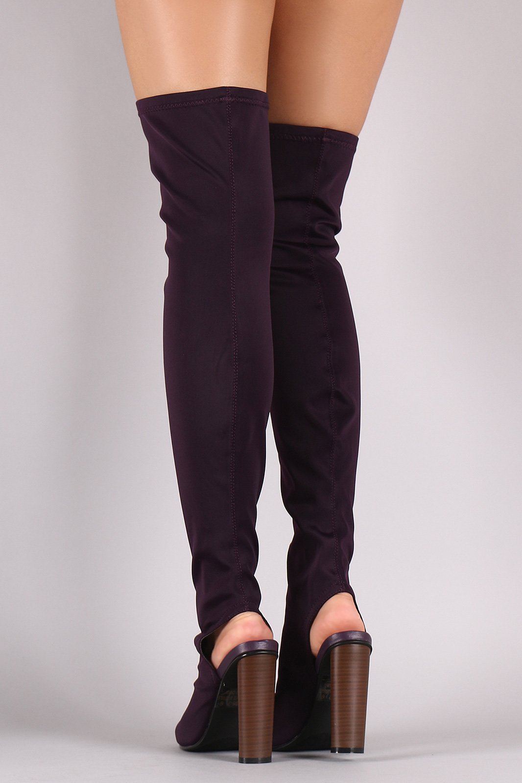 Fitted Elastane Peep Toe Over-The-Knee Chunky Heel Boots - NoveltyOne