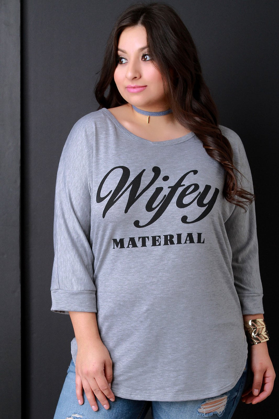 Wifey Material Graphic Quarter Sleeves Top