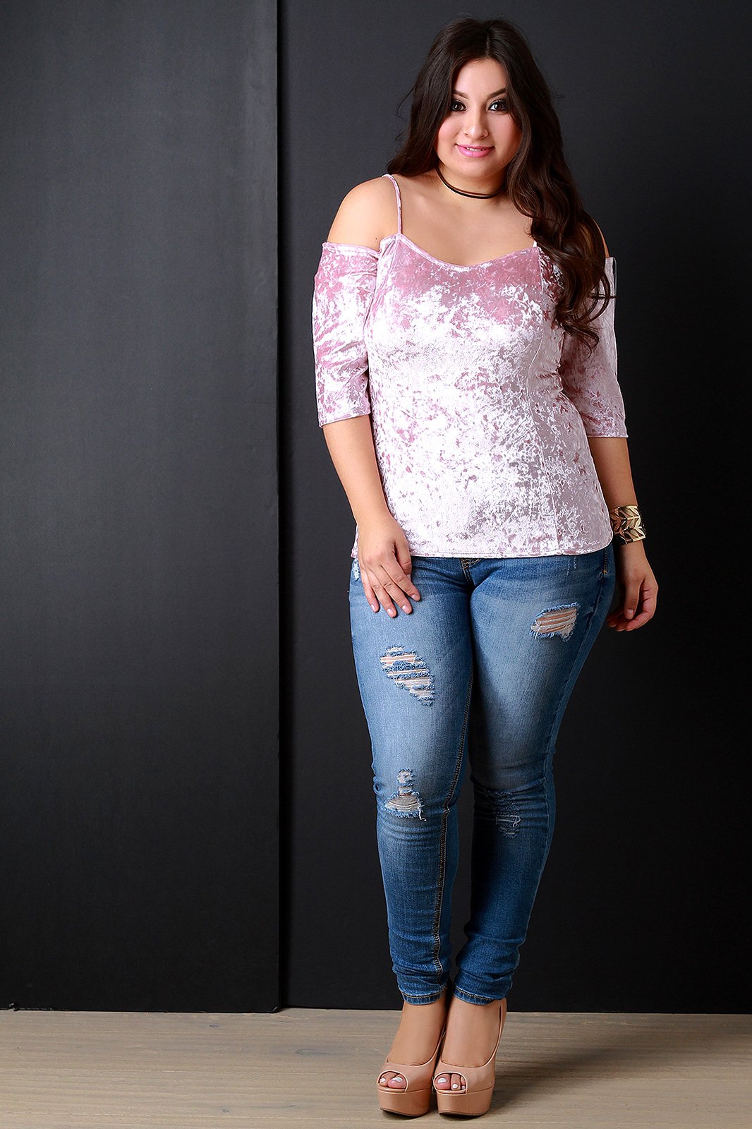 Crush Velvet Cold Shoulder Sweetheart Top