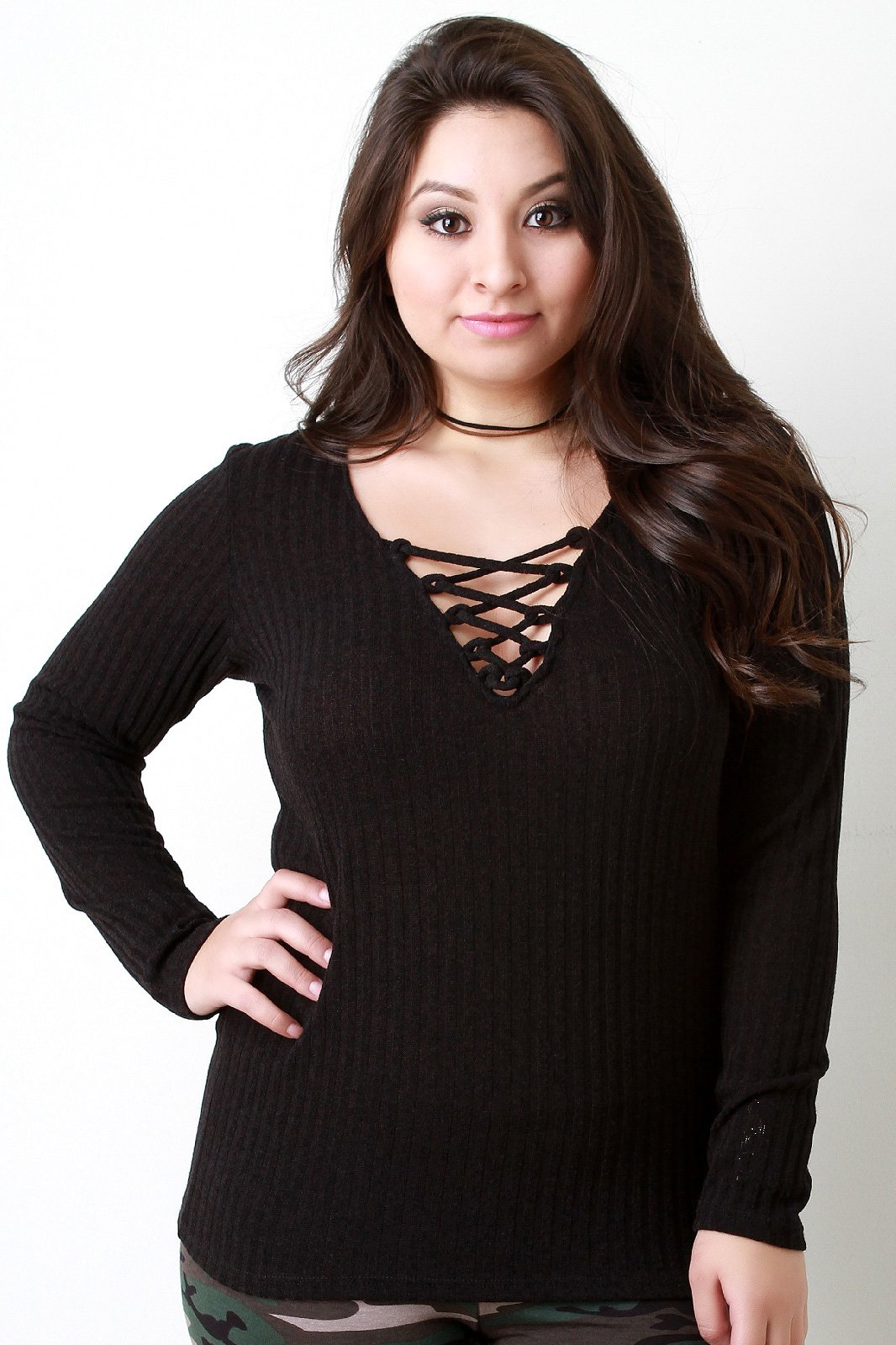 Rib Knit Lace Up V Neck Long Sleeve Top