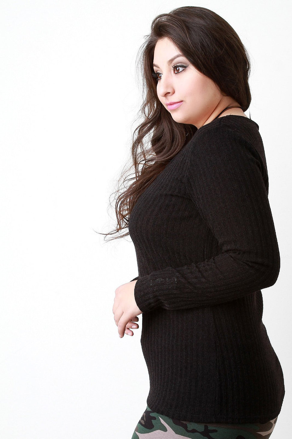 Rib Knit Lace Up V Neck Long Sleeve Top